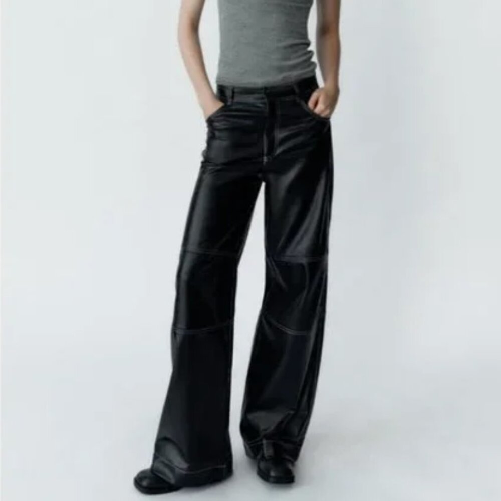 NWT ZARA TOPSTITCHED FAUX LEATHER PANTS BLACK